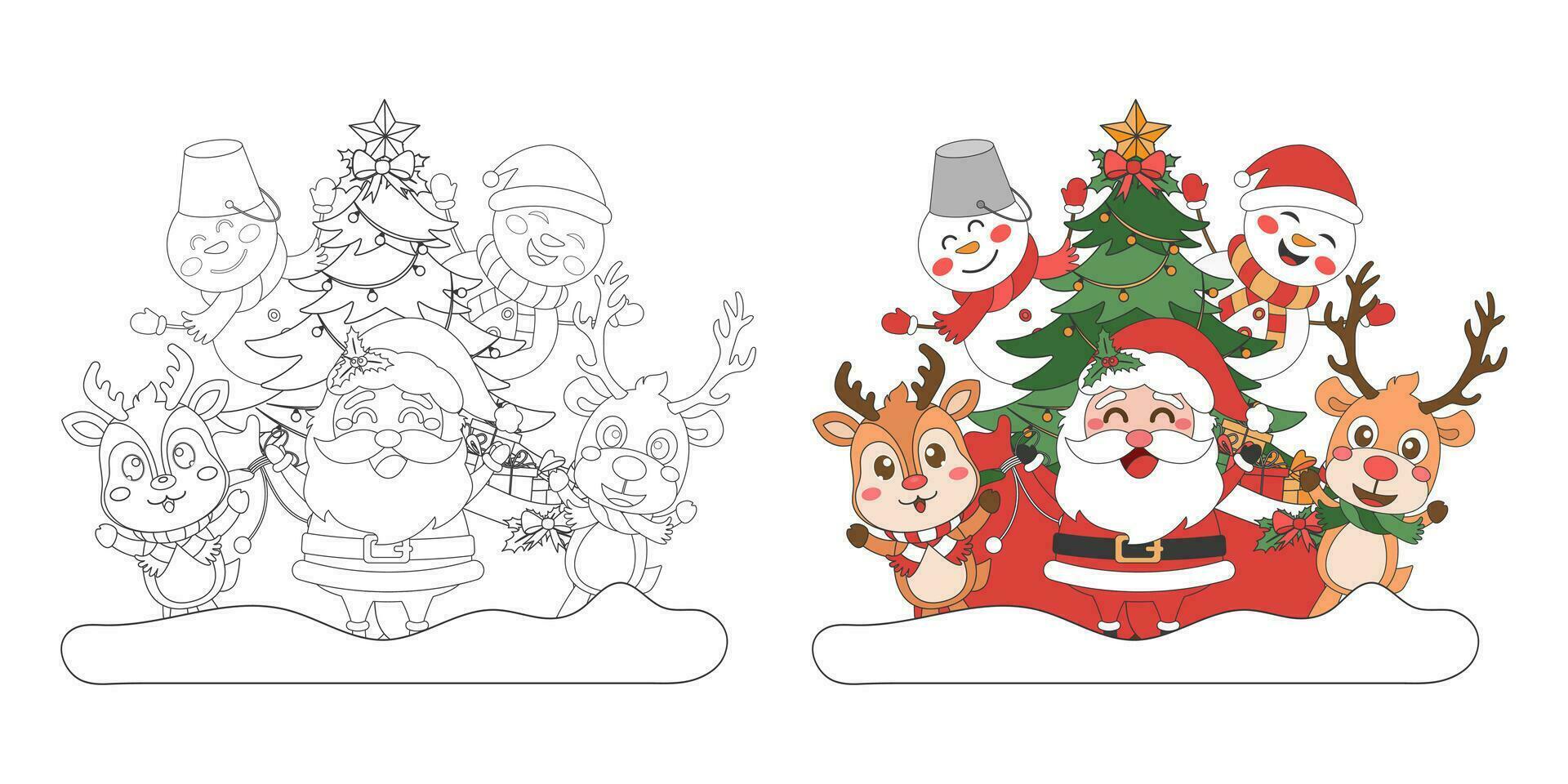 Santa Claus, snowman and reindeer with Christmas tree, Christmas theme line art doodle cartoon illustration, Coloring book for kids, Merry Christmas. vector