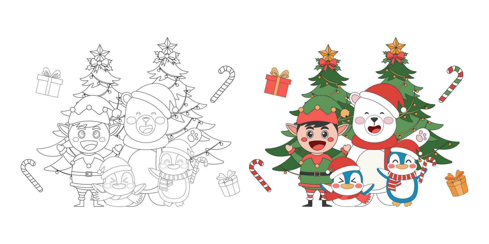 Elf, bear and penguin with Christmas tree, Christmas theme line art doodle cartoon illustration, Coloring book for kids, Merry Christmas. vector