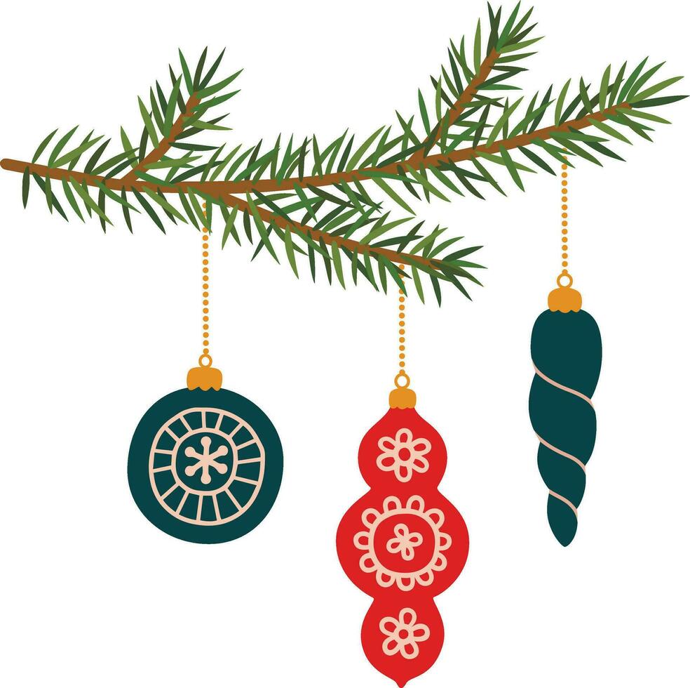 Christmas tree branches with New Year toys vector