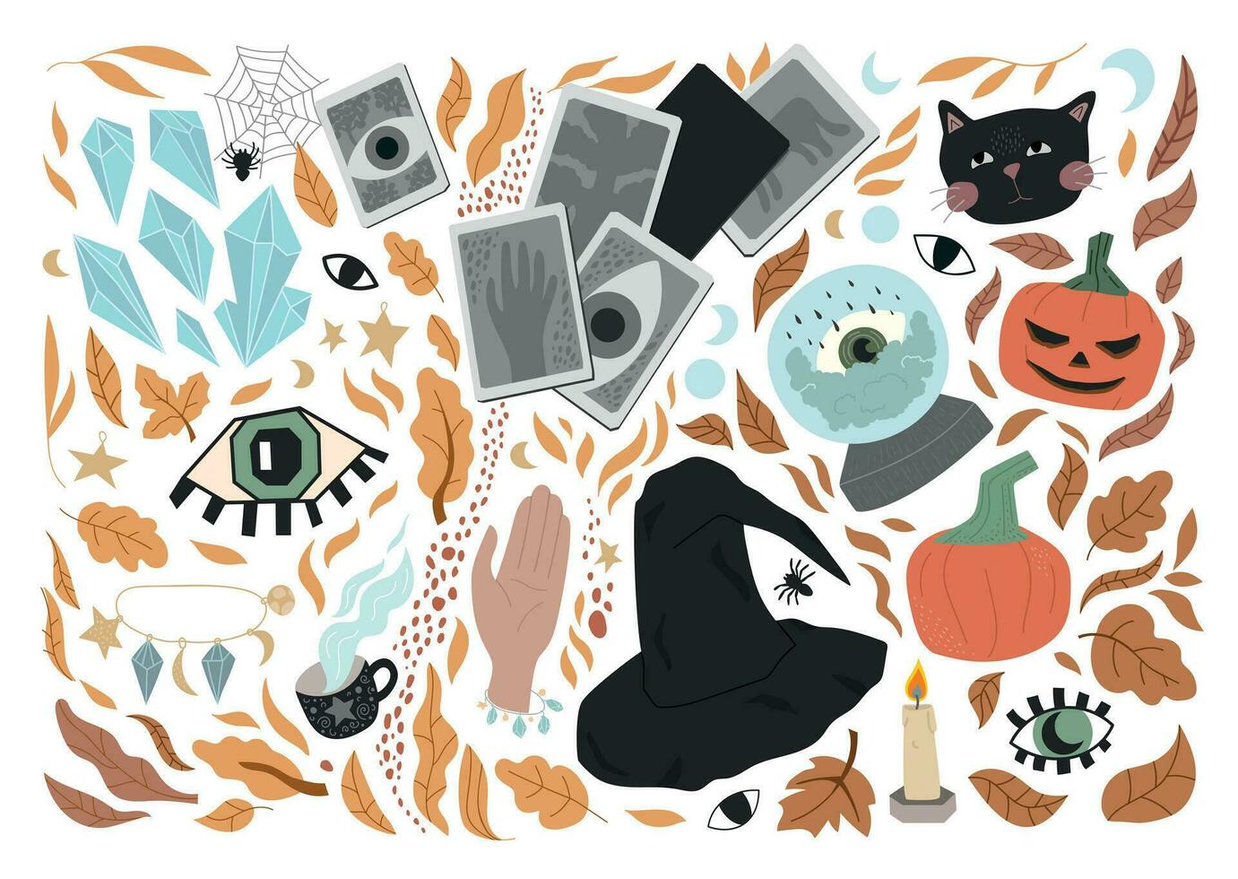 big set of cute Halloween stickers - black cat, eyes, witch hat, pumpkins, spiders, fortune telling ball, cards, crystals, autumn leaves. flat illustration. for a postcard, poster or any design. vector