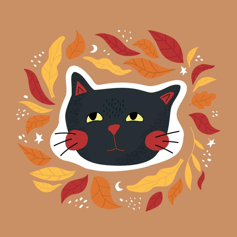 linda pegatina con un gato para Víspera de Todos los Santos. otoño ilustración con hojas. vector