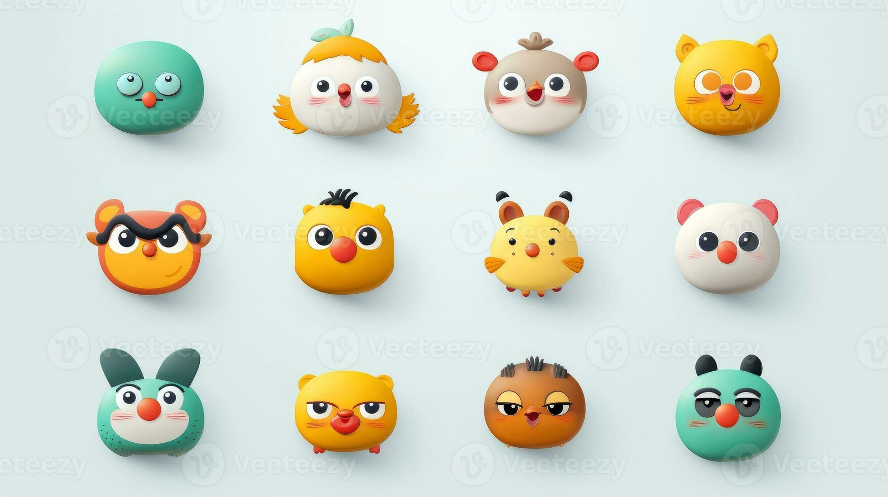 Set of animal faces, face emojis, stickers, emoticons,cartoon funny mascot characters face set, Generative AI illustration photo