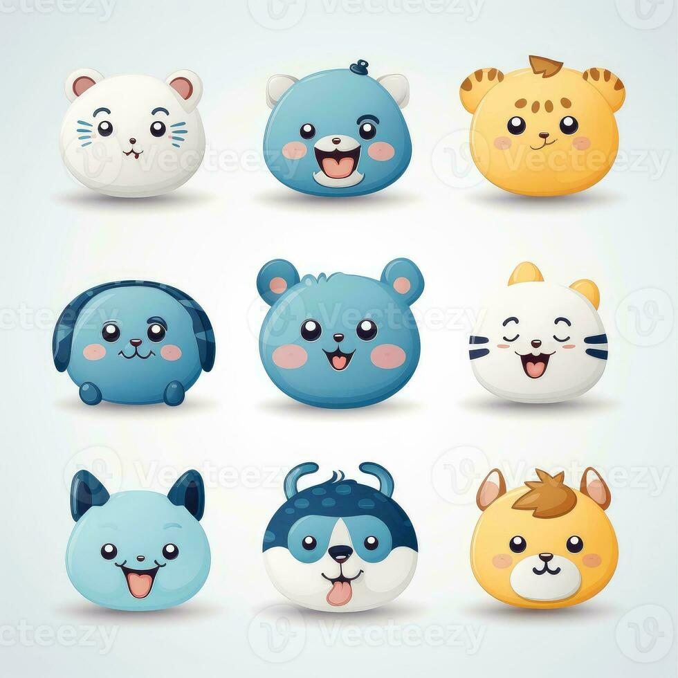 Set of animal faces, face emojis, stickers, emoticons,cartoon funny mascot characters face set, Generative AI illustration photo