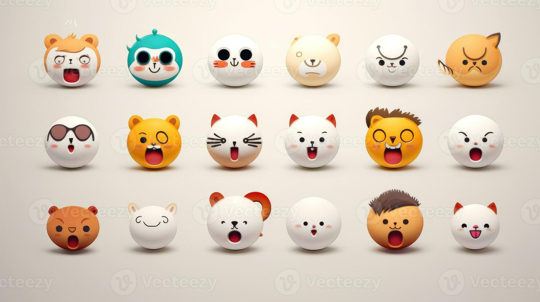 Set of animal faces, face emojis, stickers, emoticons,cartoon funny mascot characters face set, Generative AI illustration photo