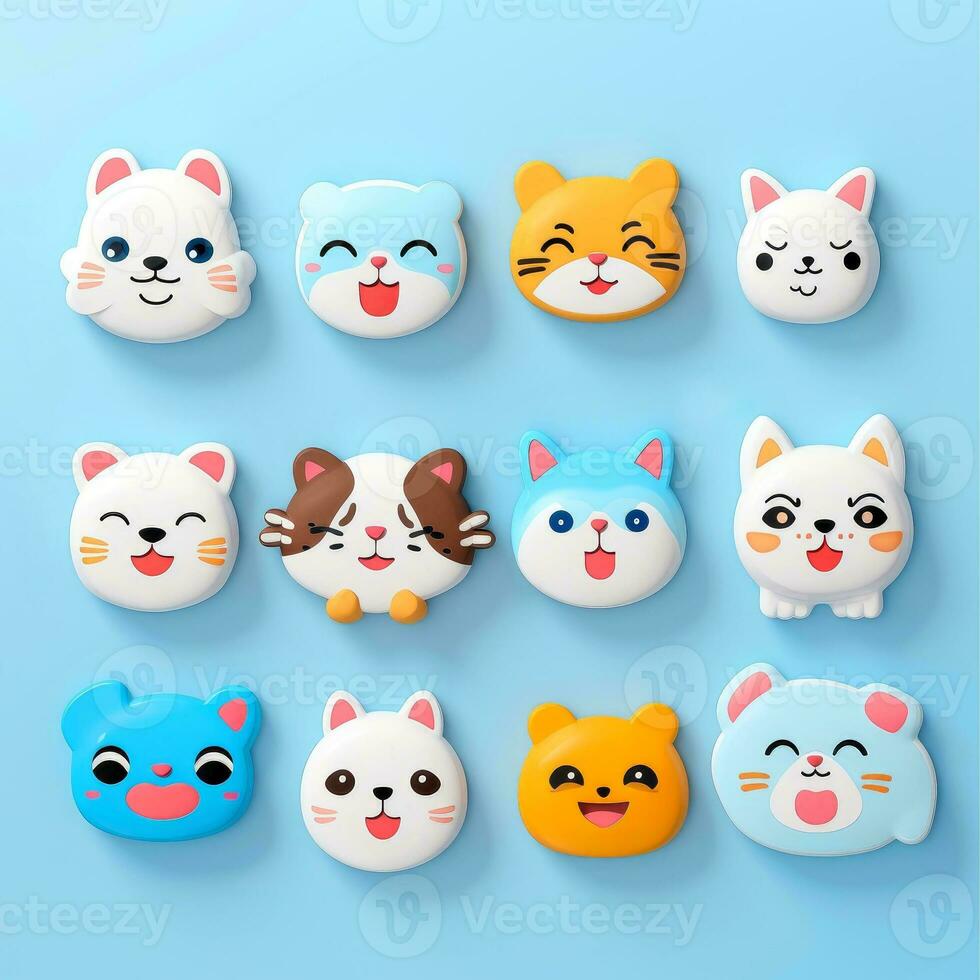 Set of animal faces, face emojis, stickers, emoticons,cartoon funny mascot characters face set, Generative AI illustration photo