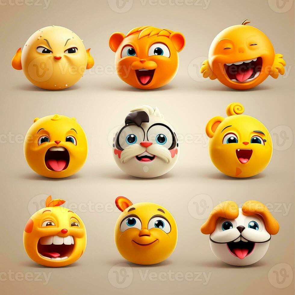 Set of animal faces, face emojis, stickers, emoticons,cartoon funny mascot characters face set, Generative AI illustration photo