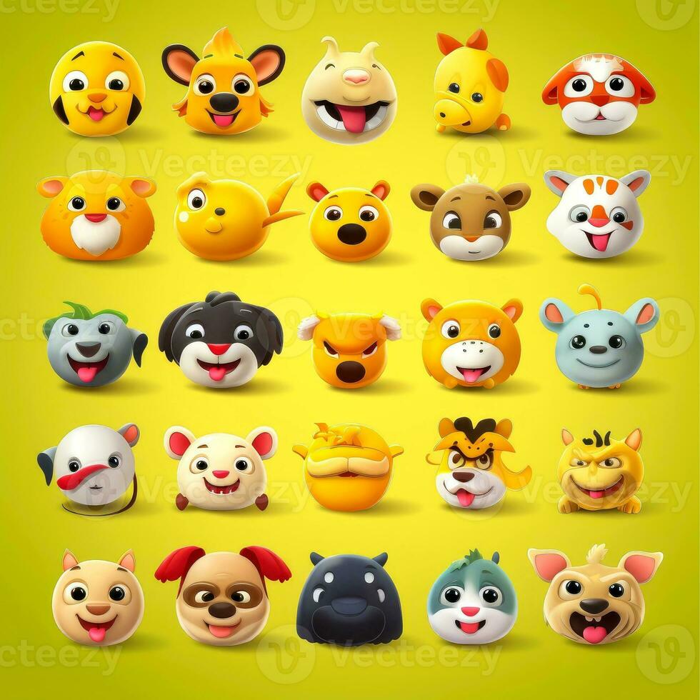 Set of animal faces, face emojis, stickers, emoticons,cartoon funny mascot characters face set, Generative AI illustration photo