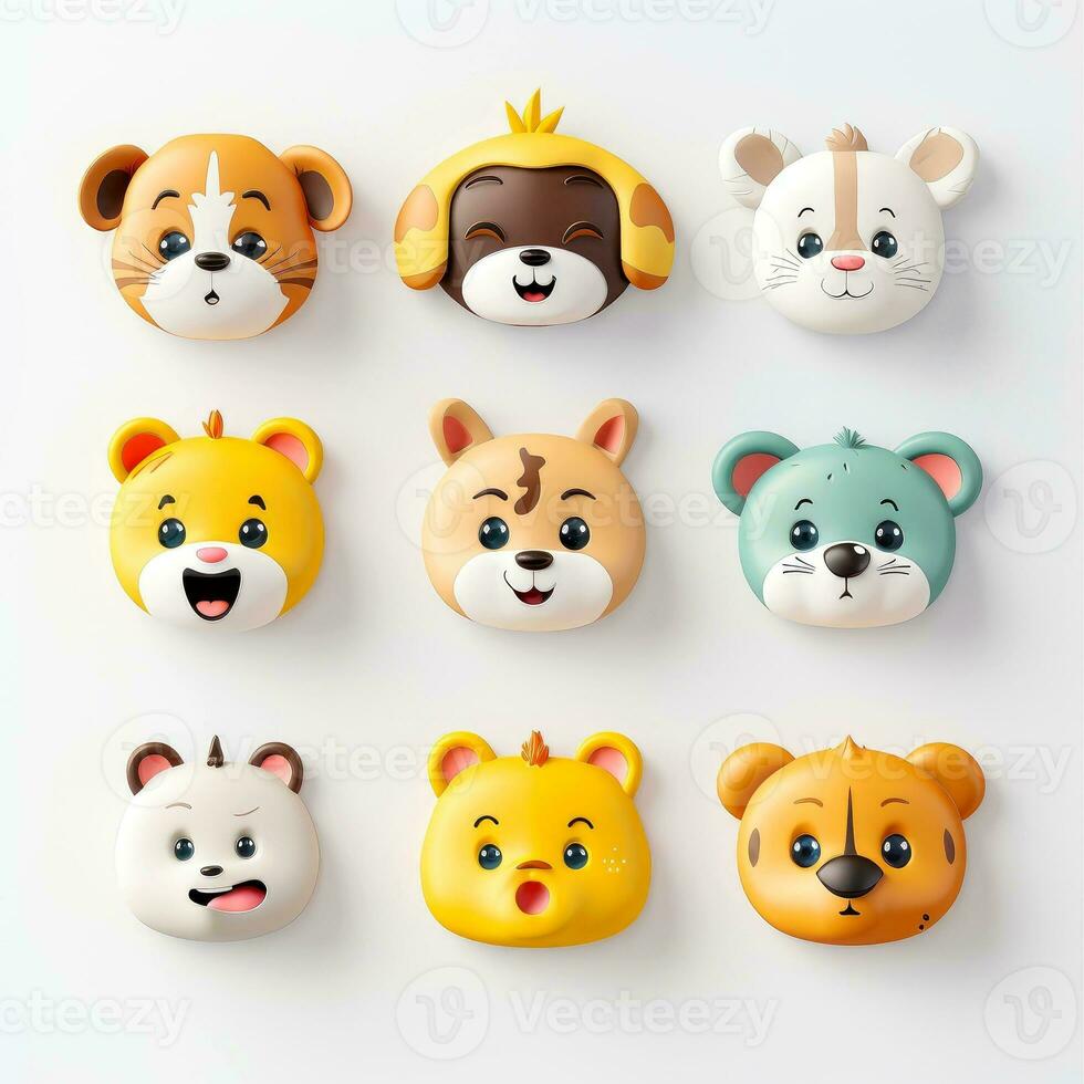 Set of animal faces, face emojis, stickers, emoticons,cartoon funny mascot characters face set, Generative AI illustration photo