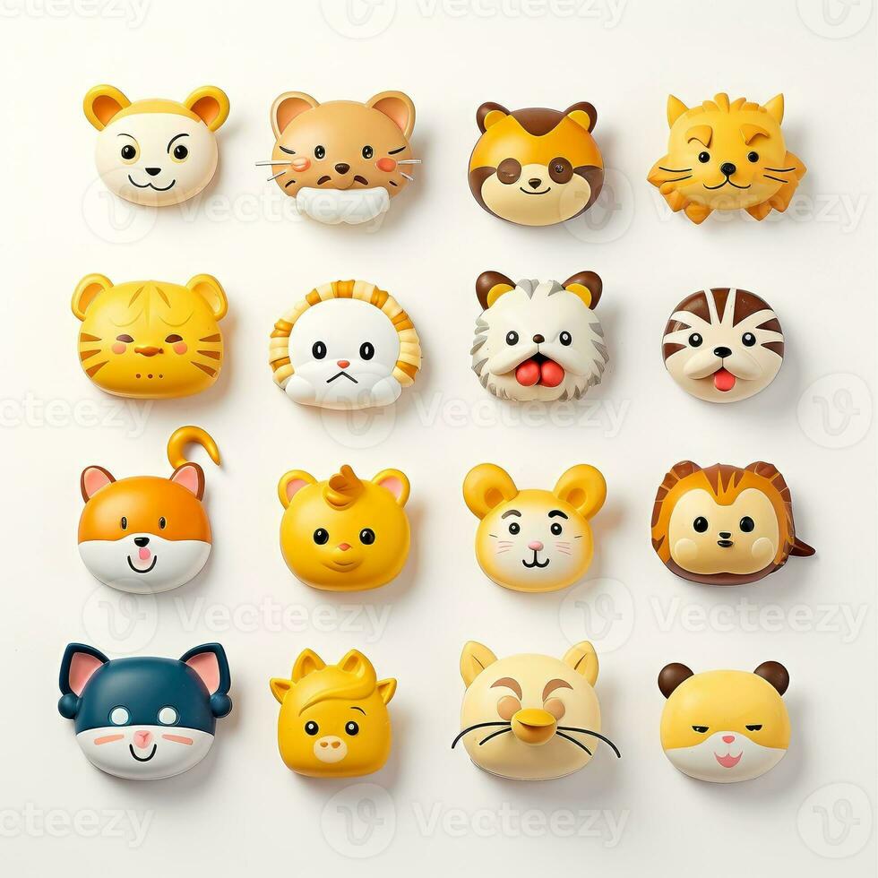 conjunto de animal caras, cara emojis, pegatinas, emoticones, dibujos animados gracioso mascota caracteres cara colocar, generativo ai ilustración foto