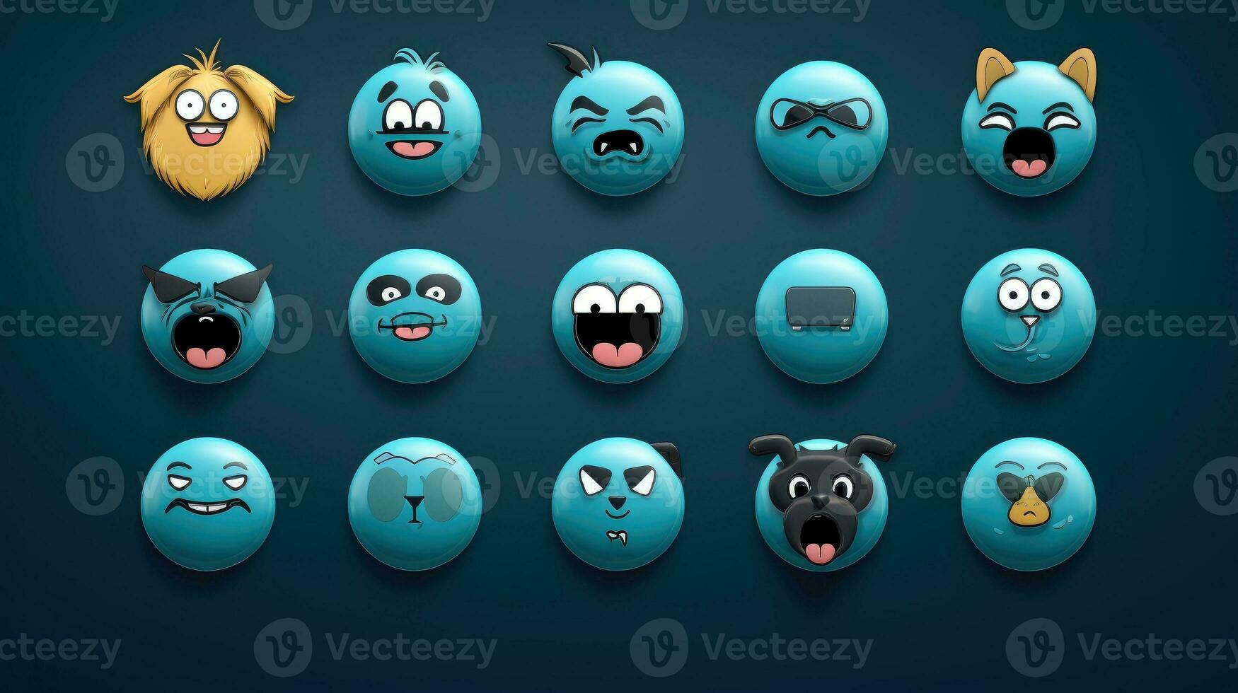 conjunto de animal caras, cara emojis, pegatinas, emoticones, dibujos animados gracioso mascota caracteres cara colocar, generativo ai ilustración foto