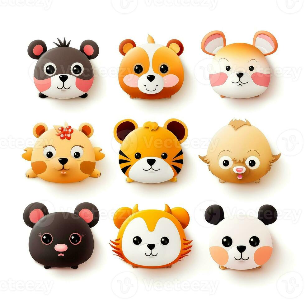 Set of animal faces, face emojis, stickers, emoticons,cartoon funny mascot characters face set, Generative AI illustration photo