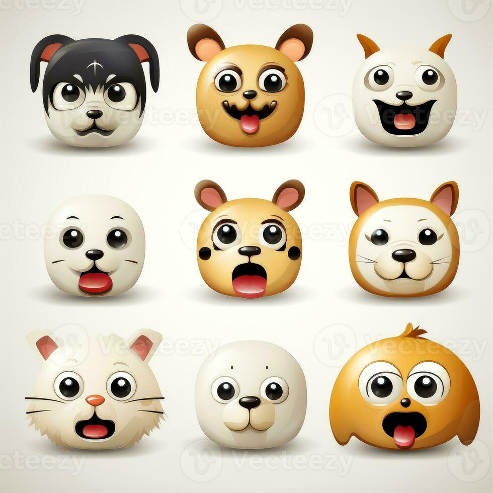 Set of animal faces, face emojis, stickers, emoticons,cartoon funny mascot characters face set, Generative AI illustration photo
