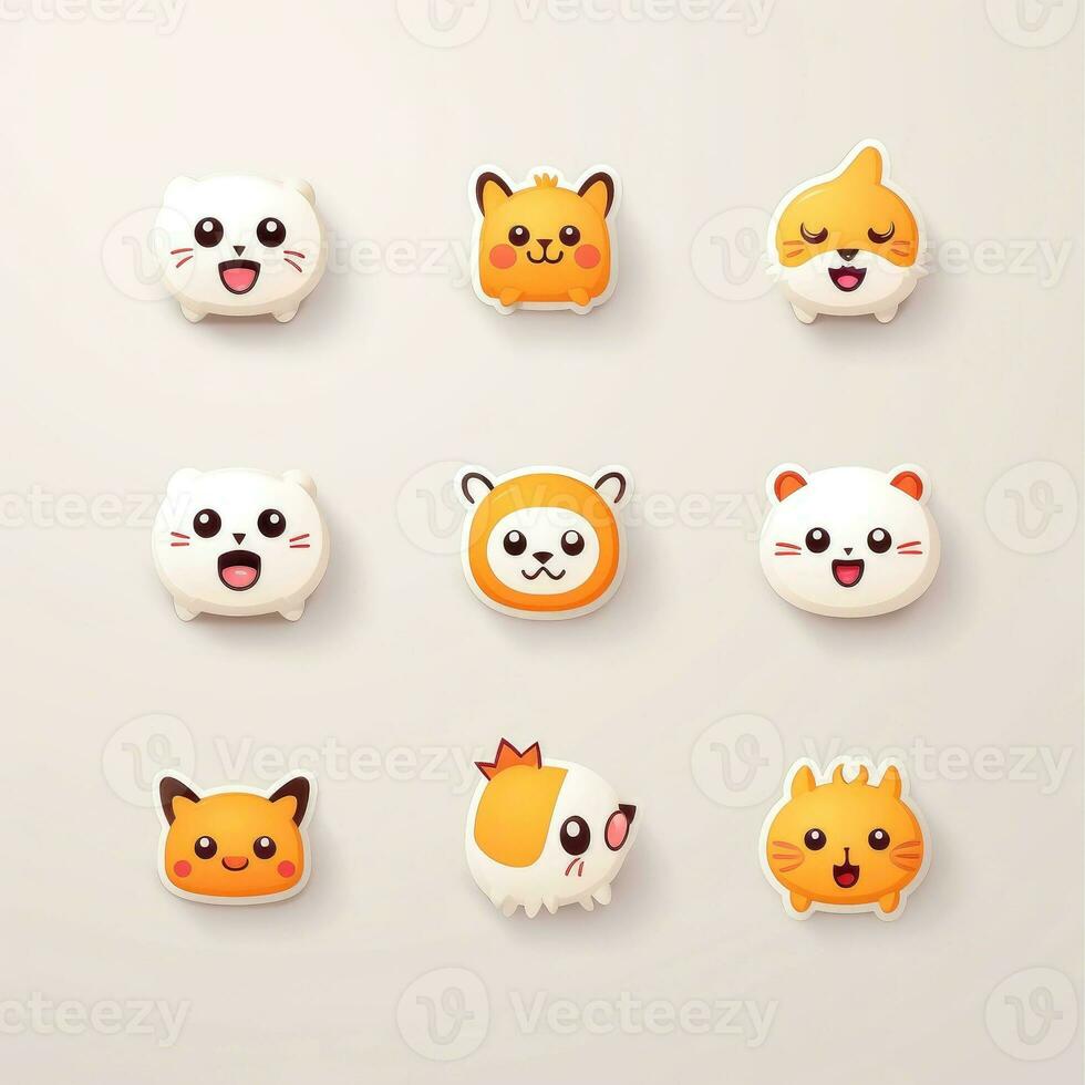 conjunto de animal caras, cara emojis, pegatinas, emoticones, dibujos animados gracioso mascota caracteres cara colocar, generativo ai ilustración foto