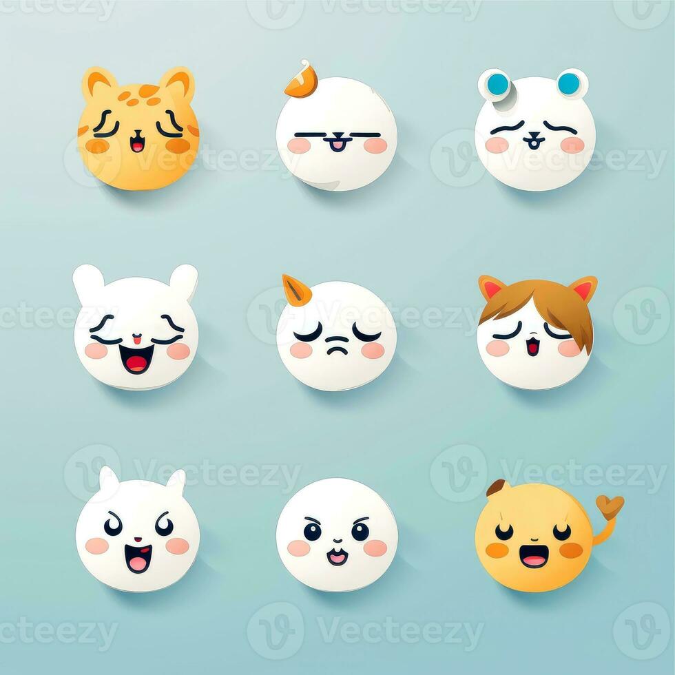 Set of animal faces, face emojis, stickers, emoticons,cartoon funny mascot characters face set, Generative AI illustration photo