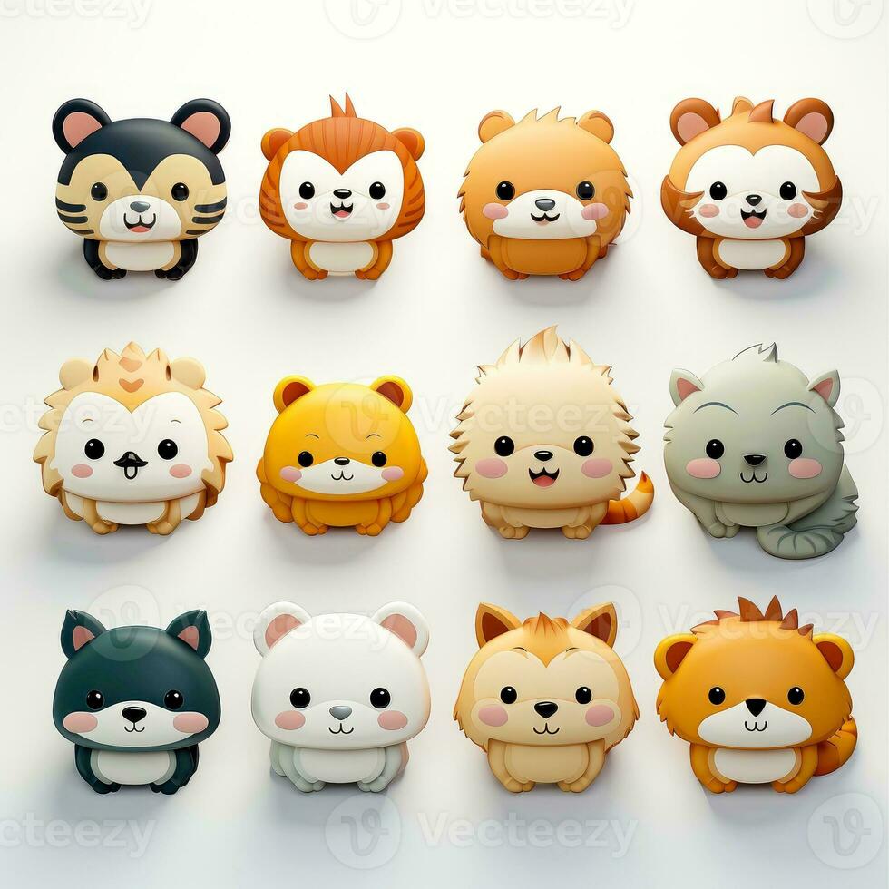 Set of animal faces, face emojis, stickers, emoticons,cartoon funny mascot characters face set, Generative AI illustration photo