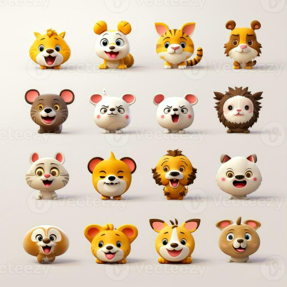 Set of animal faces, face emojis, stickers, emoticons,cartoon funny mascot characters face set, Generative AI illustration photo