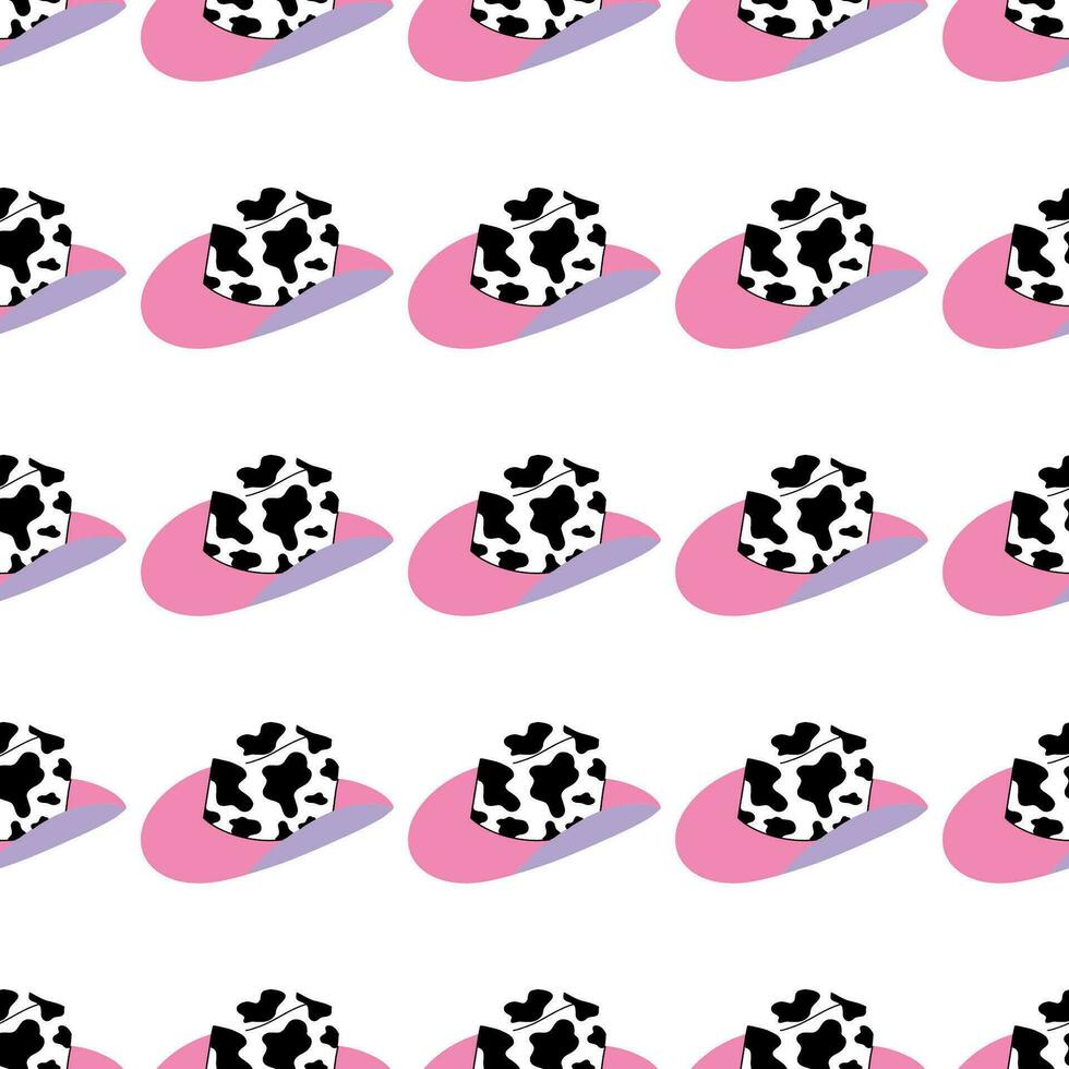 Seamless pattern with cowboy hat with cow print. Pink hat. Cowboy western theme, wild west concept. Hand drawn vector illustration