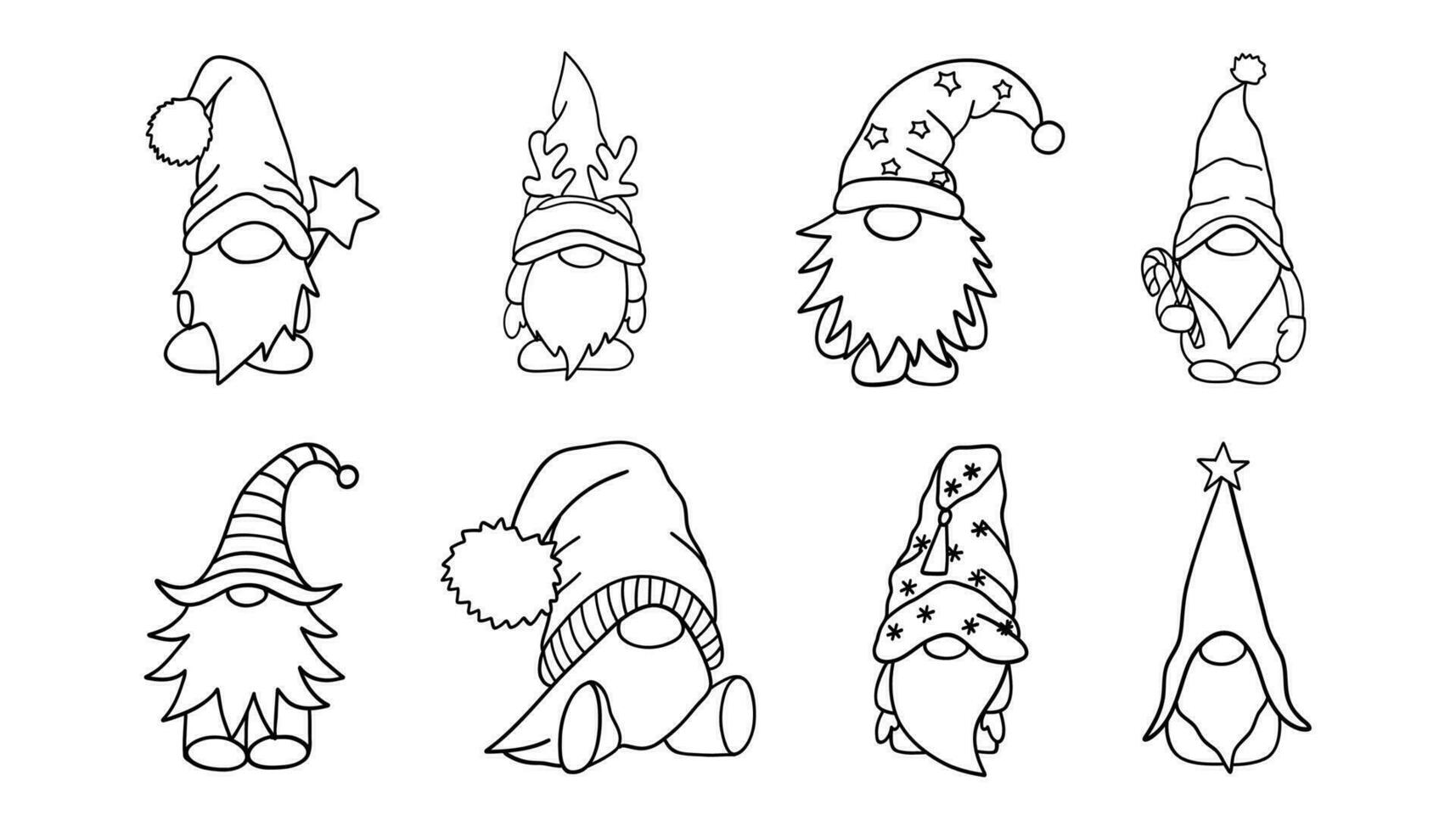 Set of little gnomes. Funny bearded garden dwarves. Cute christmas elves with beard, mustache and hat. Line vector illustration