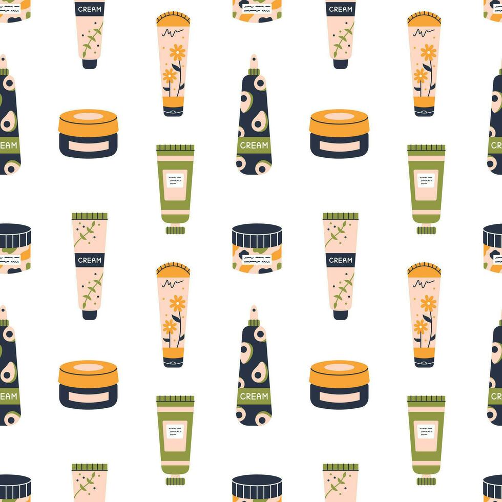 Vector seamless pattern with tubes of cream, jurs and sprays. Skincare background. Beauty concept. Seamless pattern with cosmetic in flat design. Beauty skincare cream.
