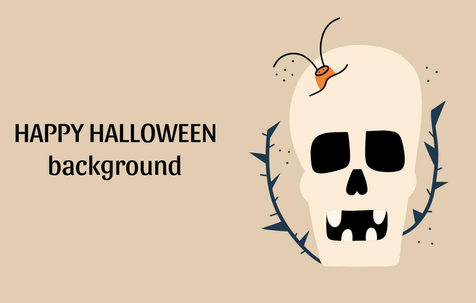 Halloween banner template with creepy skull and cockroach. Vector illustration in hand drawn style.