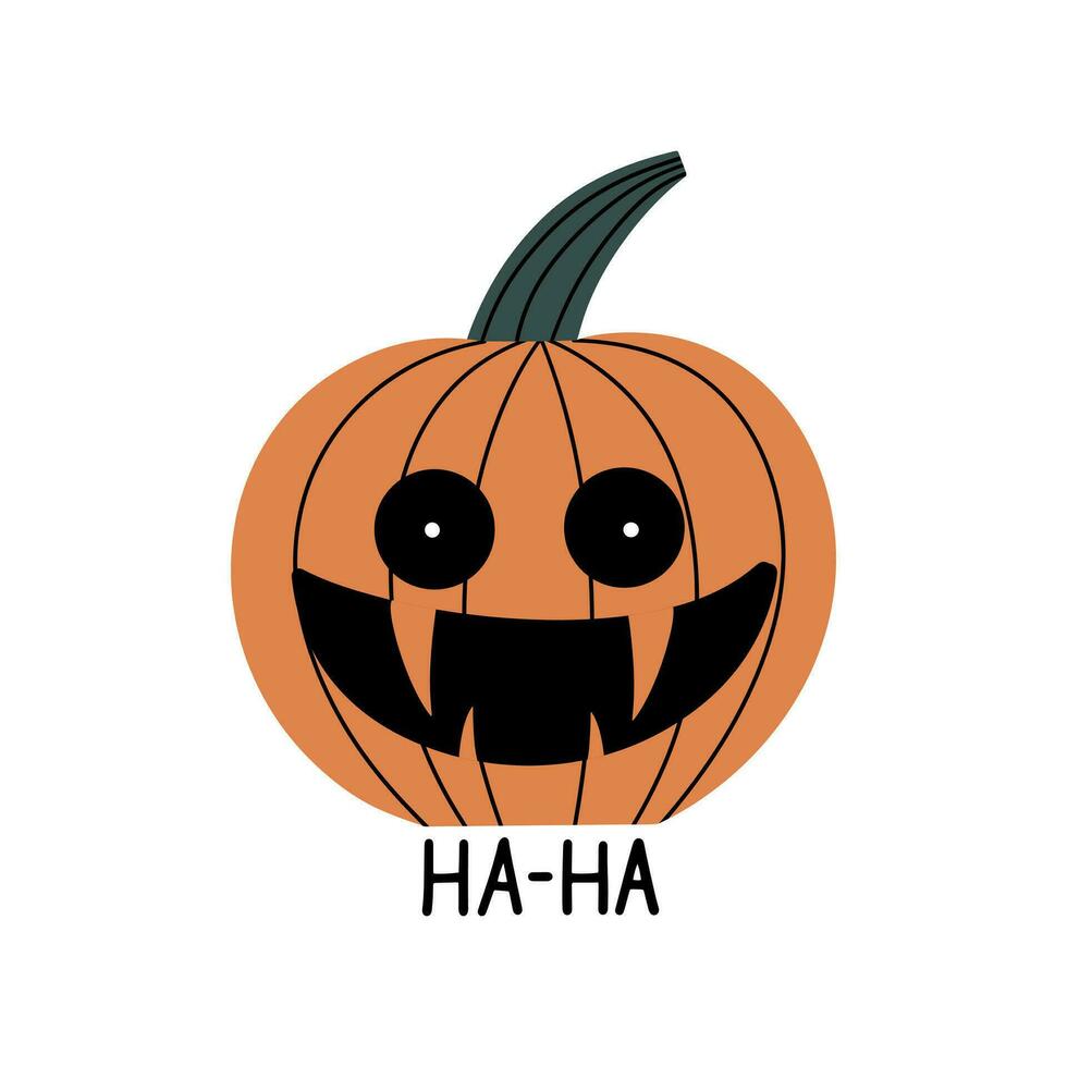 gracioso Víspera de Todos los Santos calabaza con el inscripción ja ja. vector ilustración en mano dibujado estilo.