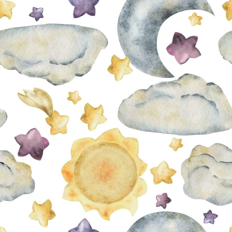 Watercolor hand drawn illustration, magical cosmos universe items, sky sun stars clouds moon comet. Seamless pattern Isolated on white background. For kids, children bedroom, fabric, linens print vector