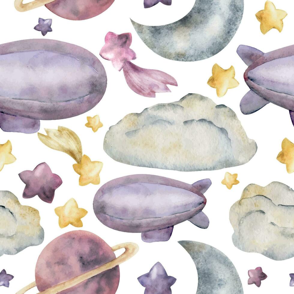 Watercolor hand drawn illustration, magical cosmos universe items, moon stars planets clouds airship balloon. Seamless pattern Isolated on white background. Kids, children bedroom, fabric, linen print vector