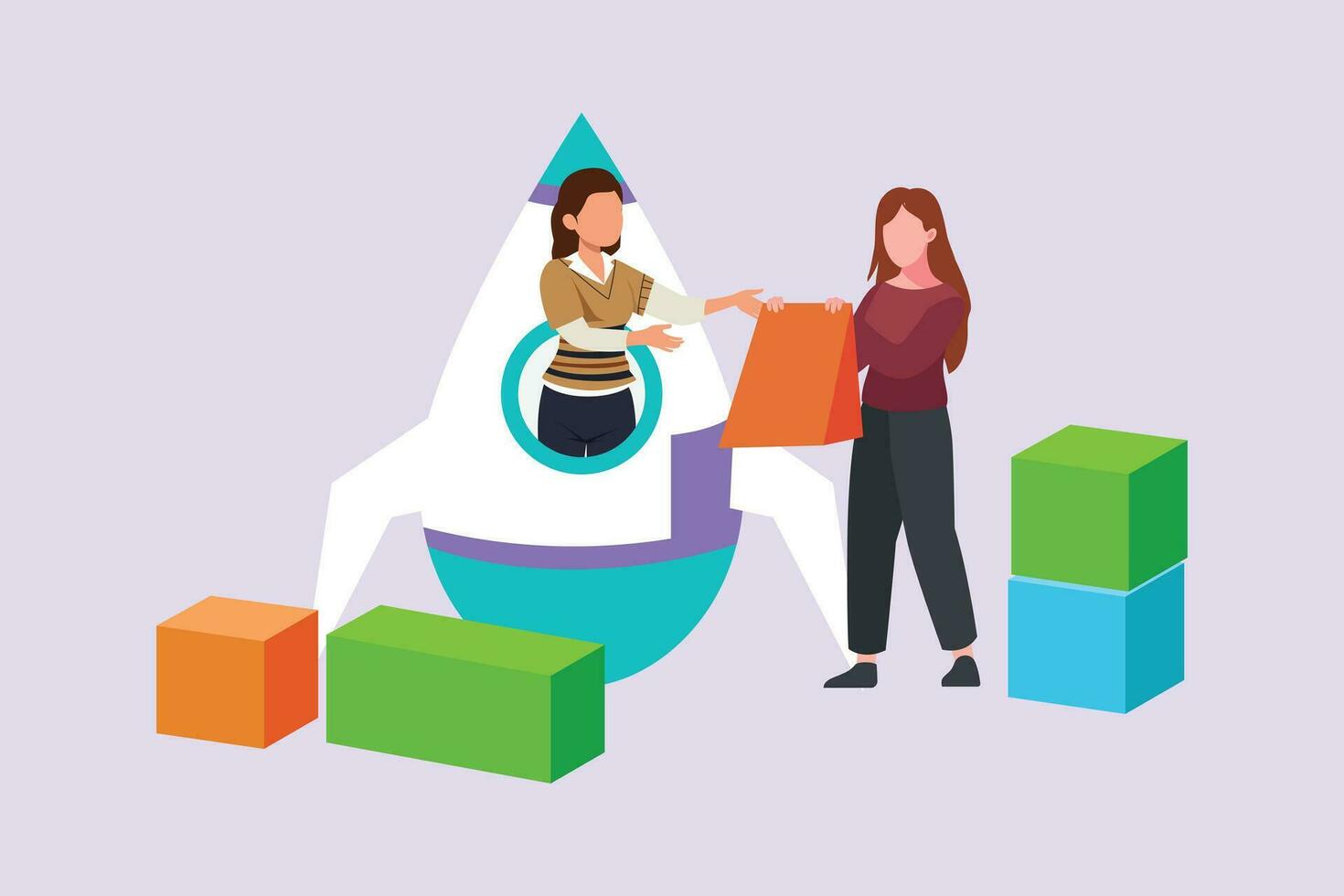 Concept of co working, business partnership, analytics or teamwork. Colleagues work together with geometrical shapes. Colored flat vector illustration isolated.