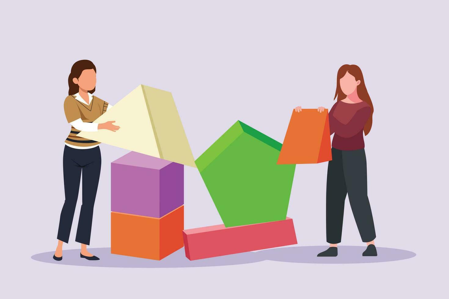 Concept of co working, business partnership, analytics or teamwork. Colleagues work together with geometrical shapes. Colored flat vector illustration isolated.