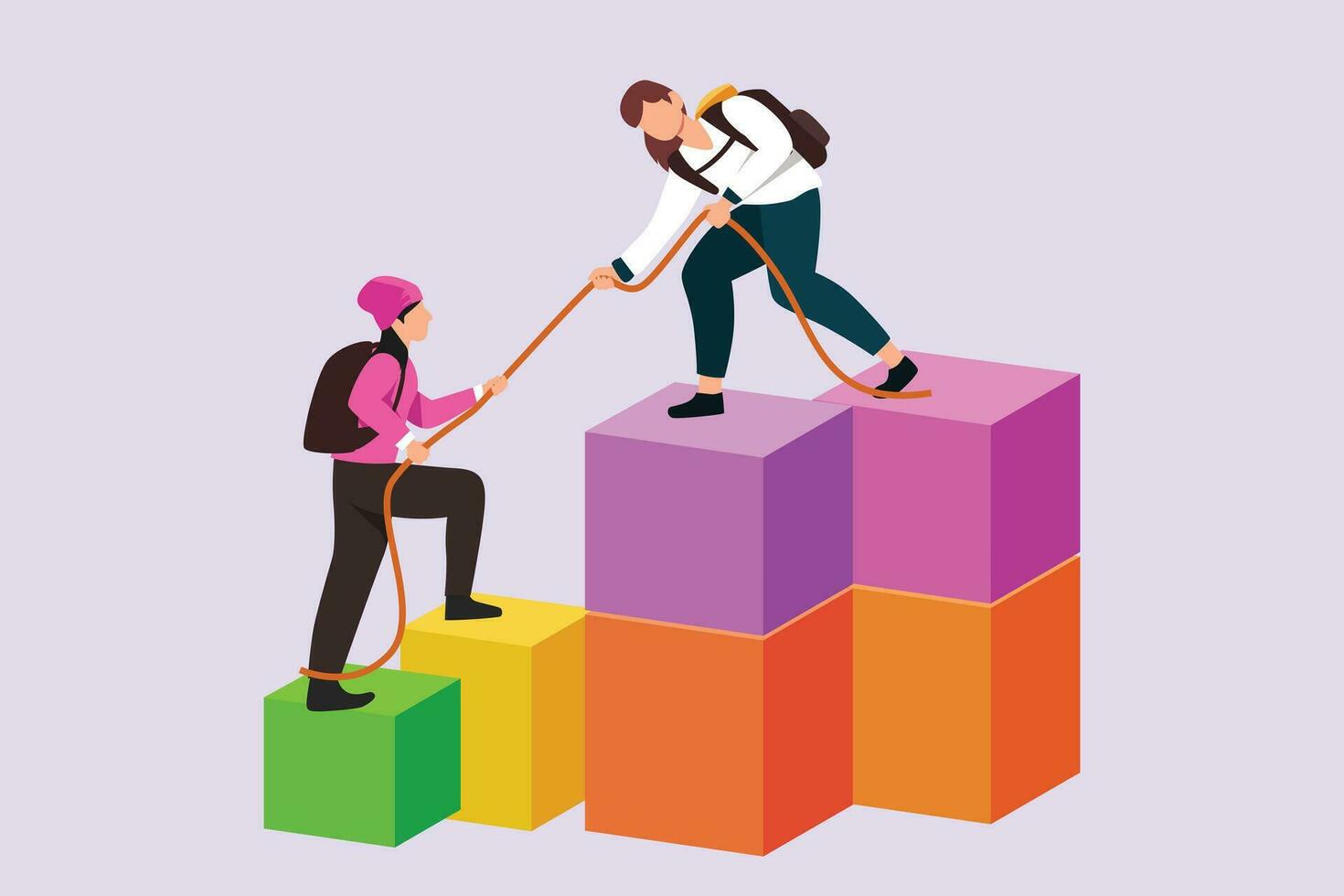 Concept of co working, business partnership, analytics or teamwork. Colleagues work together with geometrical shapes. Colored flat vector illustration isolated.