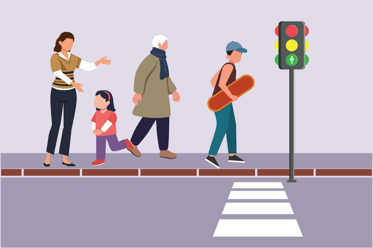 People going along city street. Urban panorama with pedestrians, cyclists, buildings, trees and road. Horizontal cityscape concept. Colored flat vector illustration isolated.