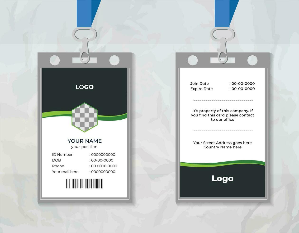 corporativo carné de identidad tarjeta, moderno carné de identidad tarjeta diseño plantilla, oficina carné de identidad tarjeta disposición, vector