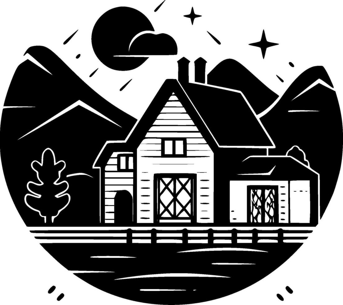 Farmhouse, Black and White Vector illustration
