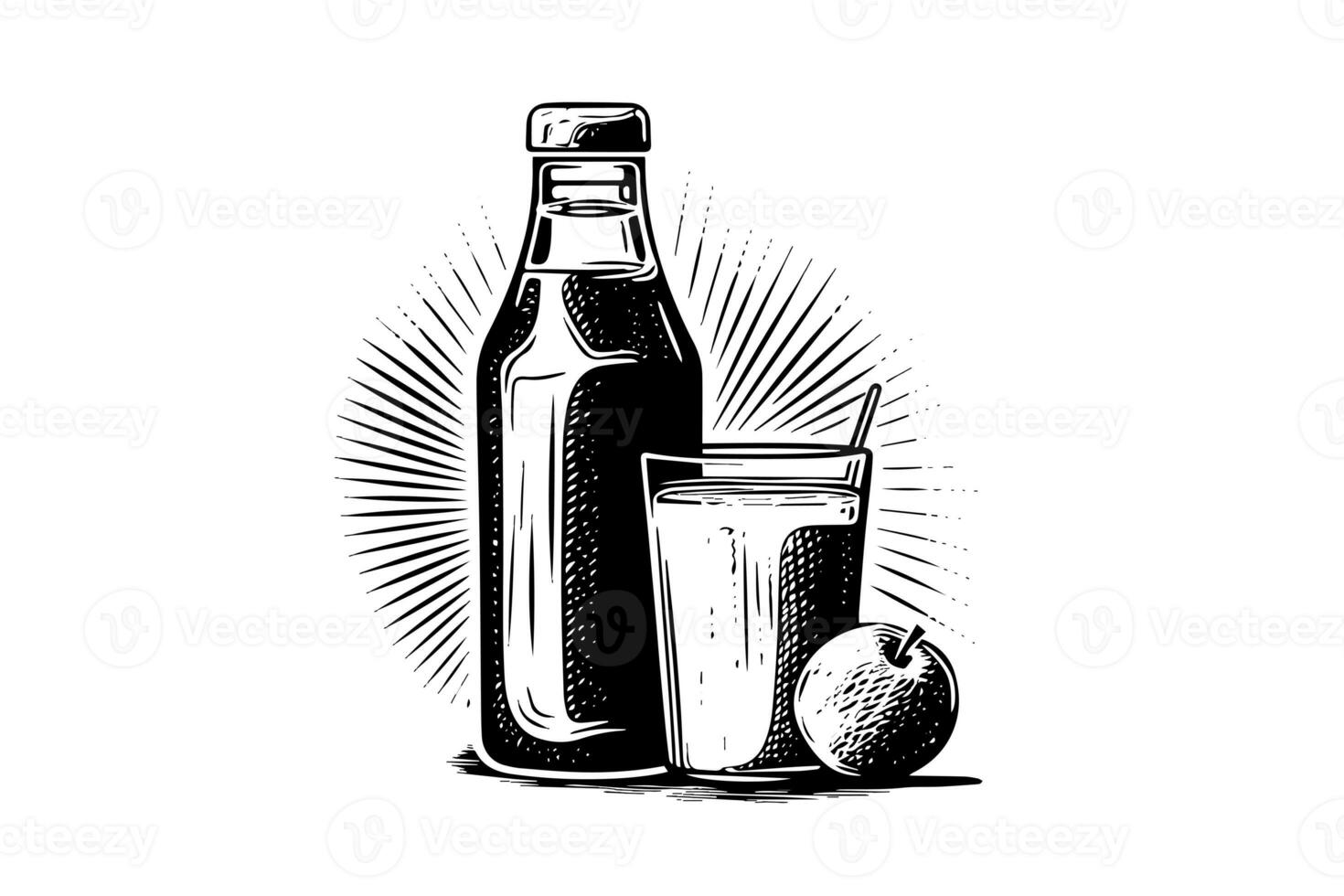 Soda bottle with glass. Ink sketch of apple cider isolated on white background. Hand drawn vector illustration. photo