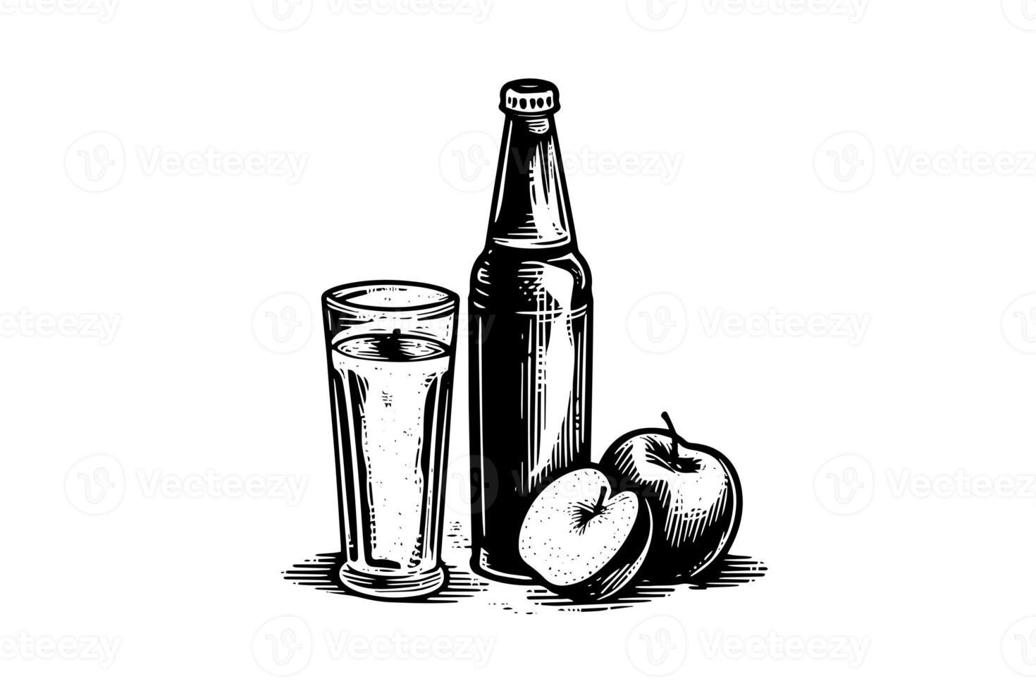 Soda bottle with glass. Ink sketch of apple cider isolated on white background. Hand drawn vector illustration. photo