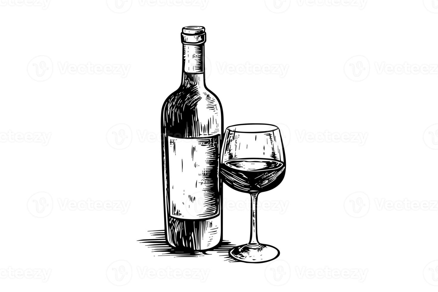 Wine bottle and glass. Hand drawn engraving sketch style vector illustrations. photo