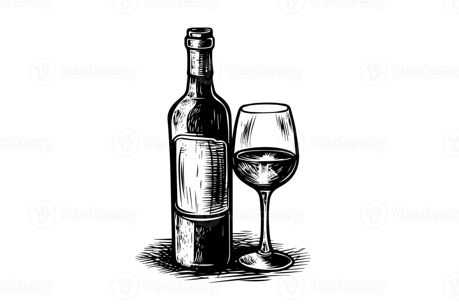 Wine bottle and glass. Hand drawn engraving sketch style vector illustrations. photo