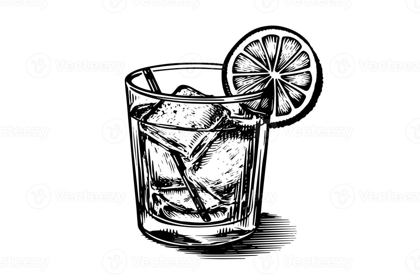 Negroni cocktail engraved isolated drink vector illustration. Black and white sketch composition photo