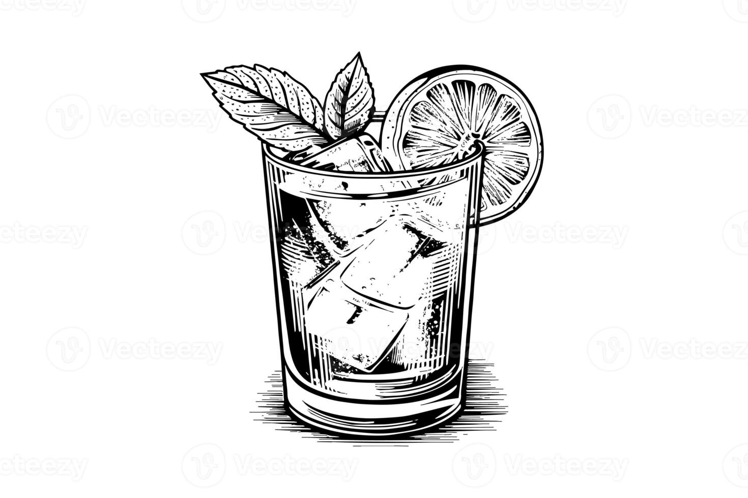 Alcoholic cocktail engraved isolated drink vector illustration. Black and white sketch composition photo