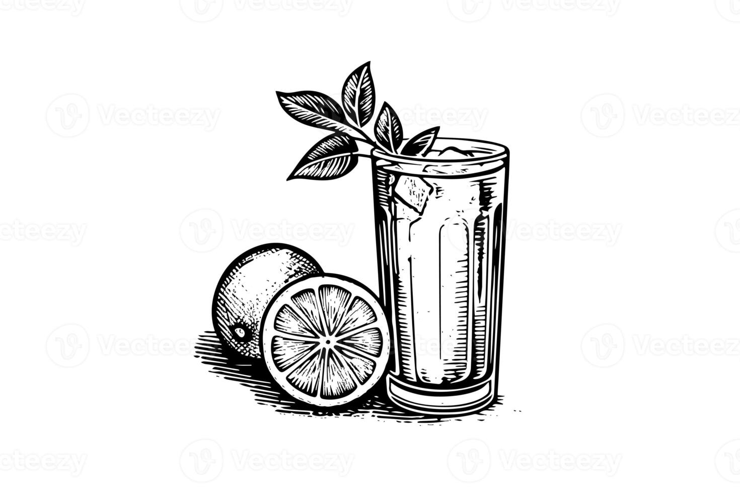 Drink lemonade with lemon and mint hand drawn engraving style vector illustration photo