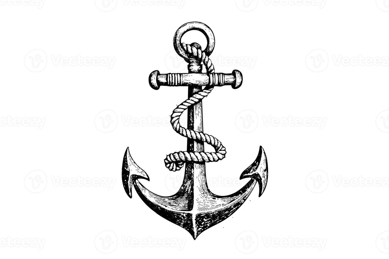 Ship anchor and rope in vintage engraving style. Sketch hand drawn vector illustration. photo