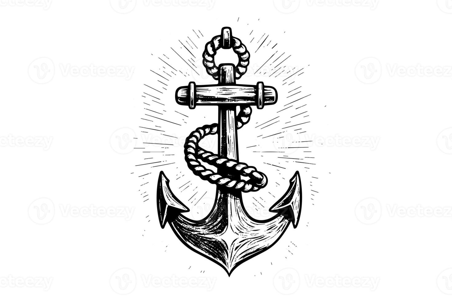 Ship sea anchor and rope in vintage engraving style. Sketch hand drawn vector illustration. photo