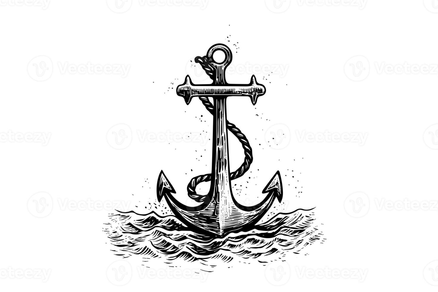 Ship sea anchor and rope in vintage engraving style. Sketch hand drawn vector illustration. photo