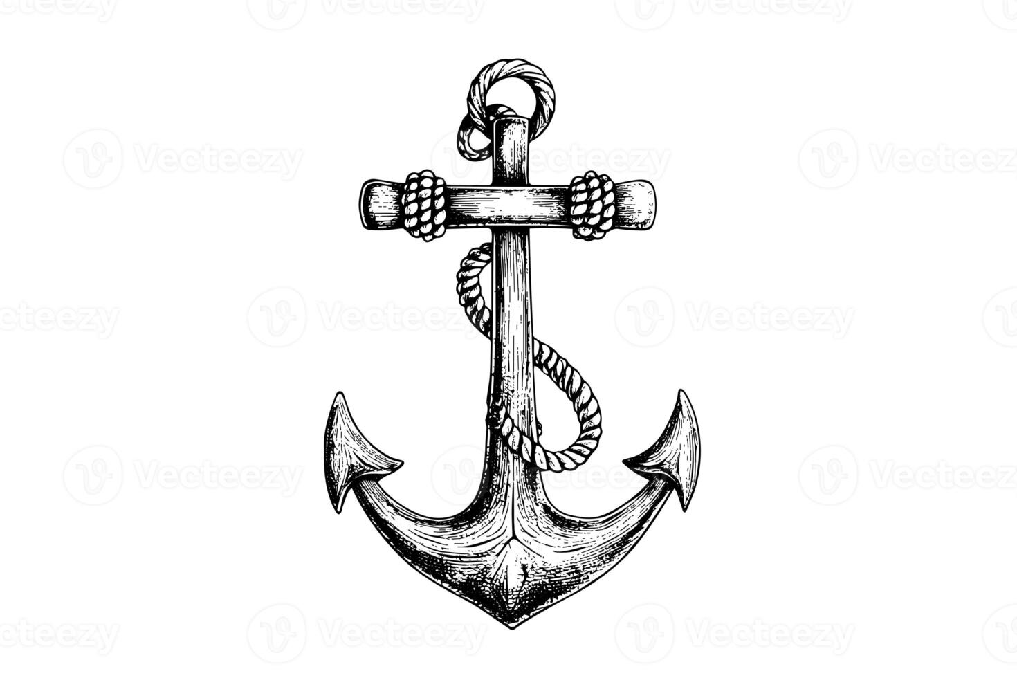 Ship anchor and rope in vintage engraving style. Sketch hand drawn vector illustration. photo