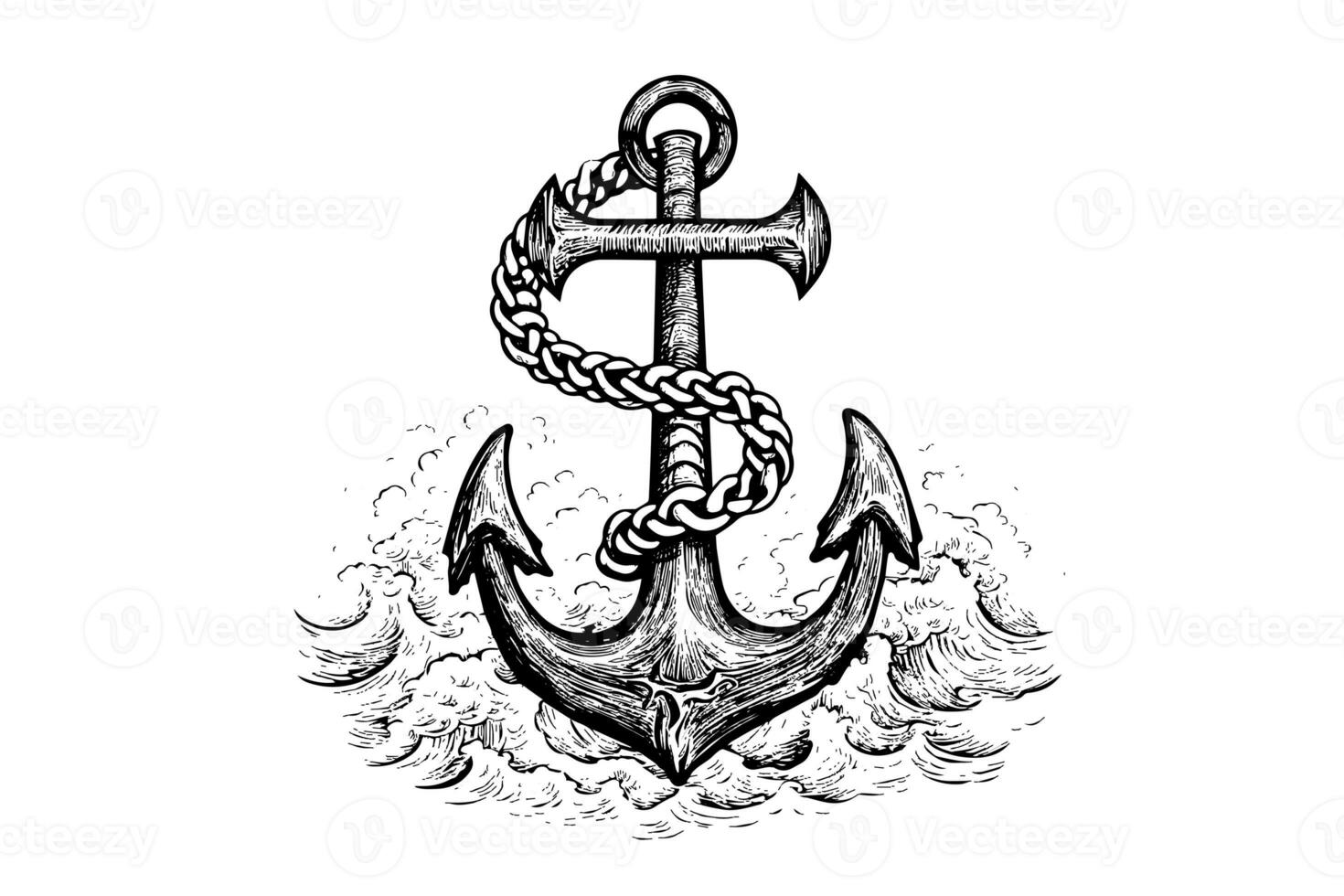 Ship sea anchor and rope in vintage engraving style. Sketch hand drawn vector illustration. photo