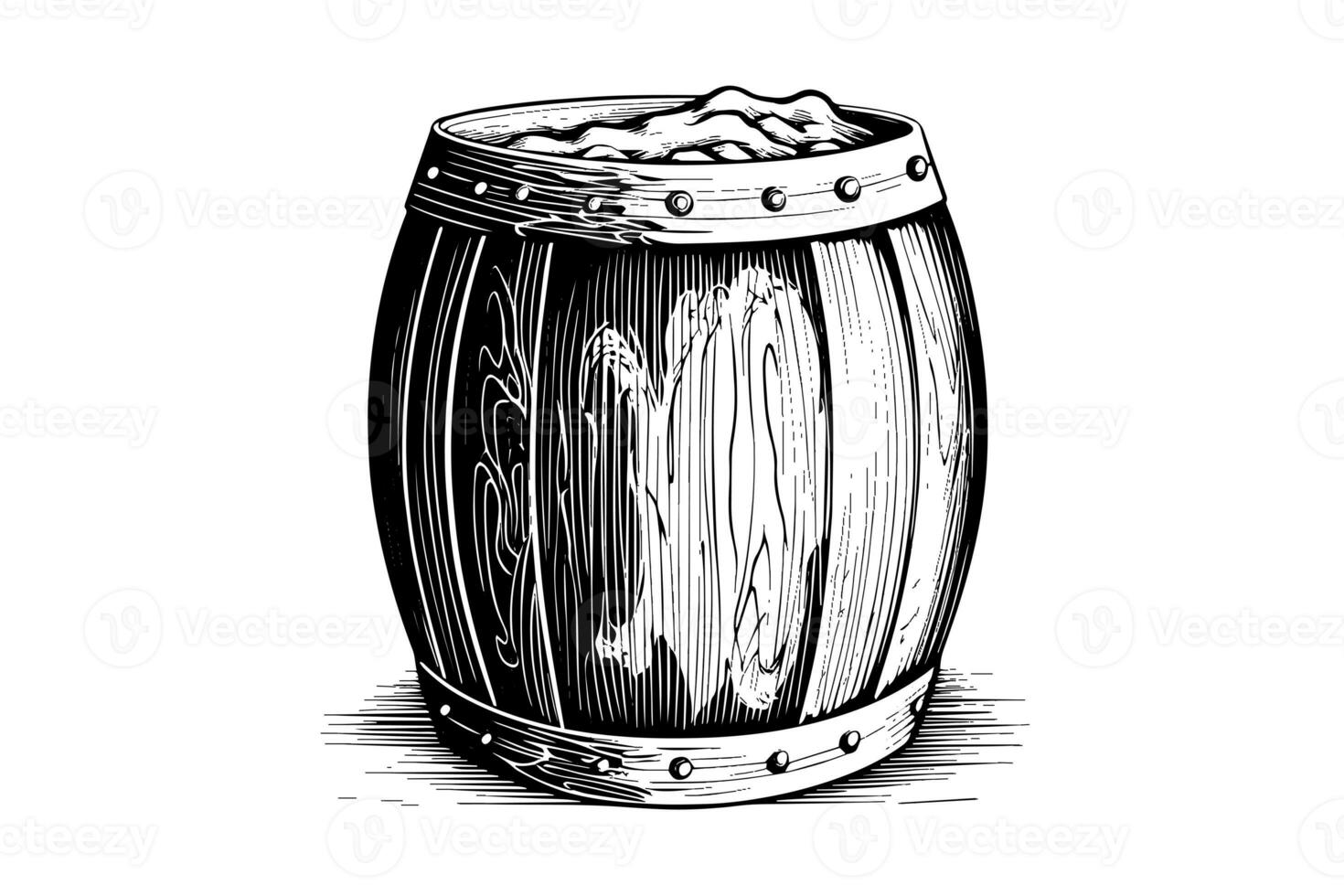 Wood barrel. Hand drawn sketch engraving style vector illustrations. photo