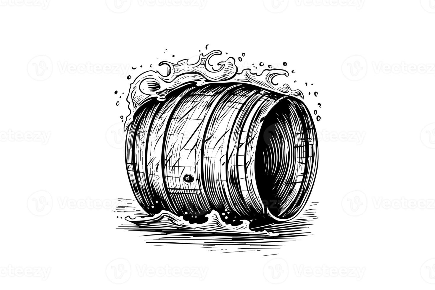 Wood barrel. Hand drawn sketch engraving style vector illustrations. photo