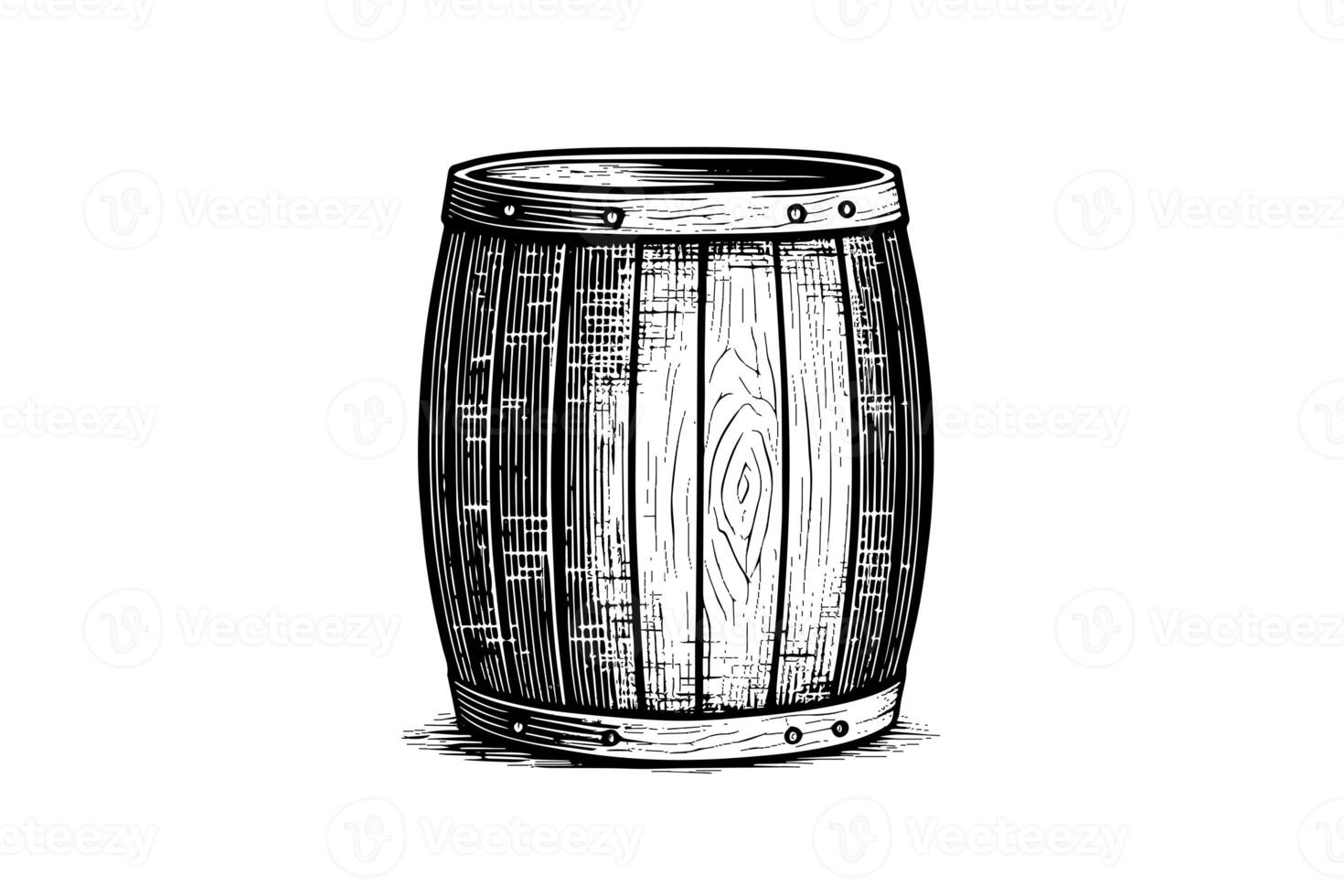 Wood barrel. Hand drawn sketch engraving style vector illustrations. photo