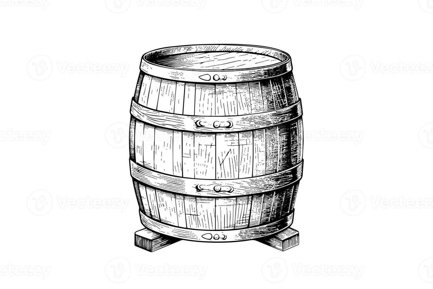 Wood barrel. Hand drawn sketch engraving style vector illustrations. photo