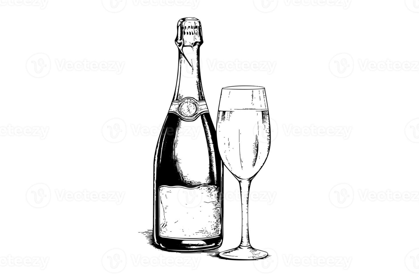 Bottle with Champagne and wine glass engraving style art, hand drawn sketch vector illustration photo